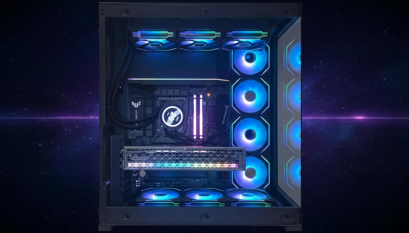 Custom PC build with RGB fans — top view